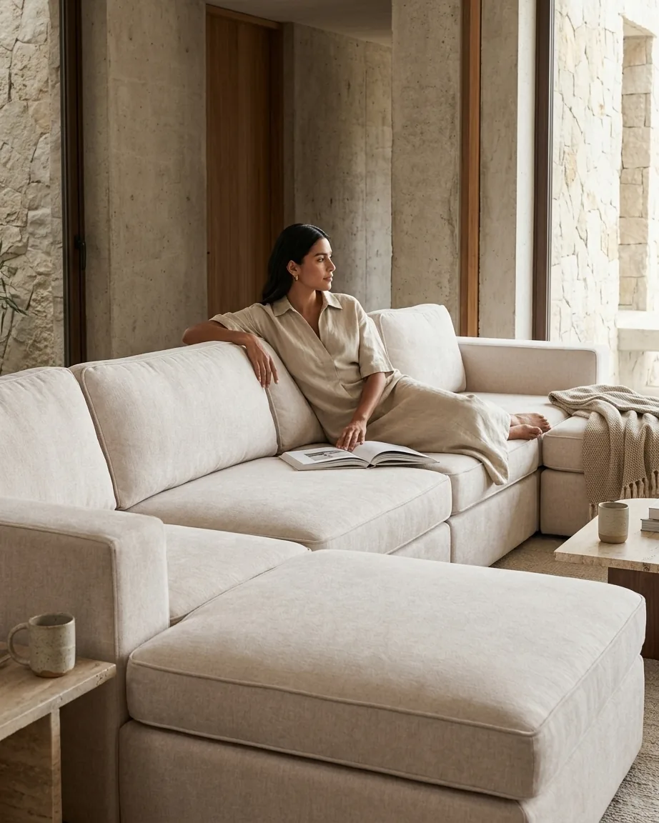 Sala en L Tokyo en tela beige — fabricada a medida en Novo Muebles Tampico